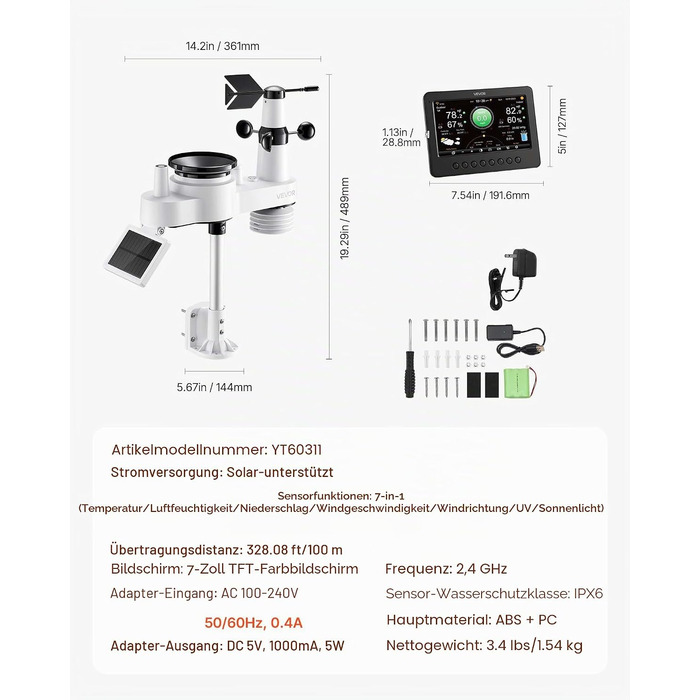 Метеостанція VEVOR Profi 7-в-1 WiFi з сонячною панеллю, 7.5
