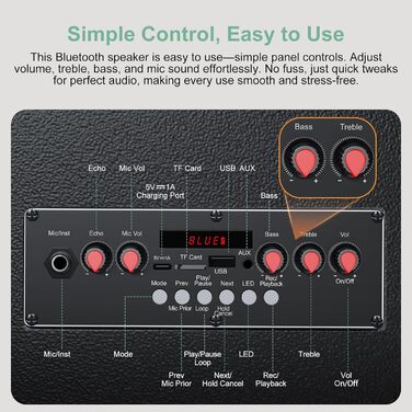 Bluetooth-портативна акустика для караоке з 2 мікрофонами, 11 динаміків, акумулятором 8800mAh, ручкою-тележкою та підсвічуванням. FM/AUX/USB/TF, регулювання басів та високих частот (A113)