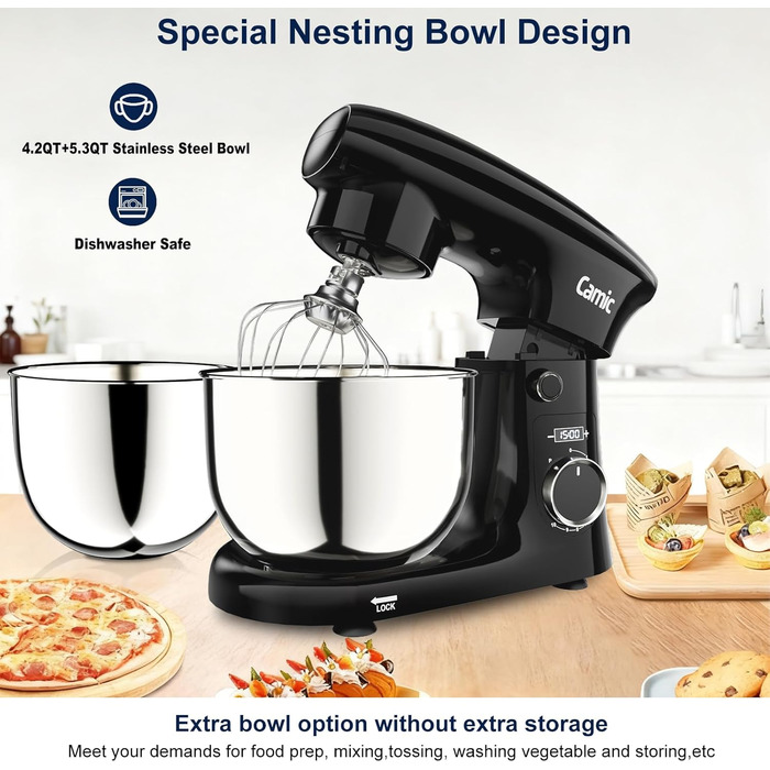 Кухонний комбайн-міксер Camic з LED-дисплеєм, 10 швидкостей, 3 насадки (вінчик, міксер, гак) та 2 чашами з нержавіючої сталі 4л і 5л для тіста, хліба та тортів, чорний