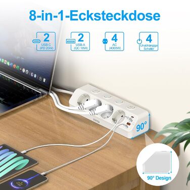 Мережевий адаптер PD 20W з плоским штеплером, розетка FDTEK на 4 слоти з індивідуальним вимикачем, 4000W, 16A, USB-C, розетка для столу з вимикачем, настільна розетка з кабелем 2м (білий)