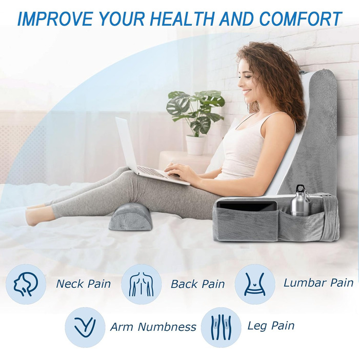 HOMCA Подушка для читання та відпочинку в ліжко та на диван з знімною подушкою для шиї та підлокітником, подушка для спини, подушка для стіни, багатофункціональна подушка-клинок для читання, роботи, перегляду телевізора (36x40x48 см)
