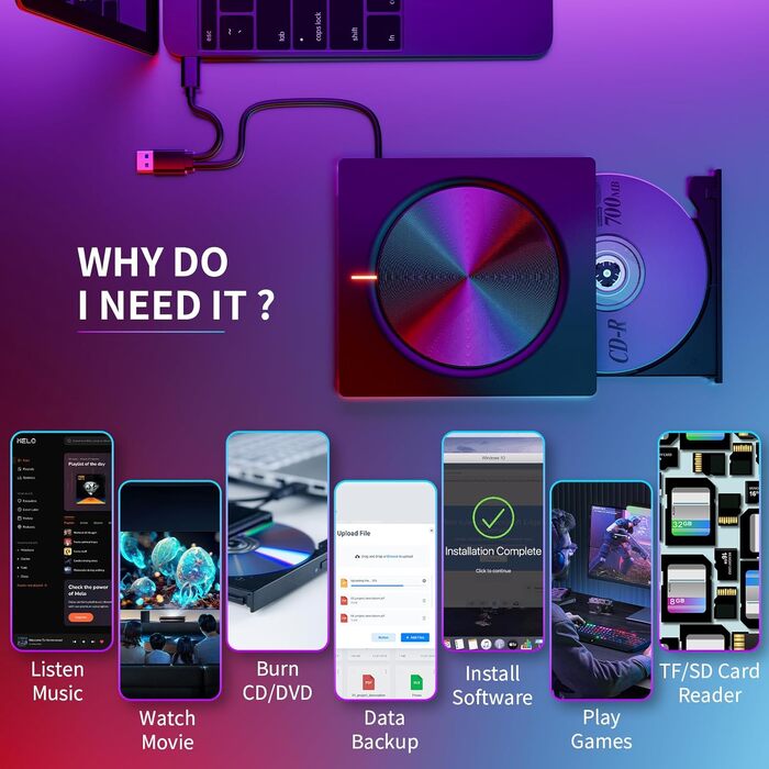 Зовнішній CD/DVD привід USB 3.0 та USB-C, оптичний накопичувач CD/DVD +/-RW ROM для ноутбука, ПК, MacBook, iMac (Windows, MacOS, Linux)