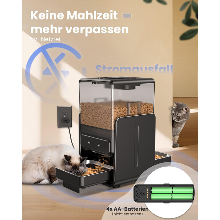 Автомат годування котів з App-керуванням, для 2 котів, регульована висота, 2 миски, 5-літровий бункер, з функцією запису голосу, таймер, WiFi