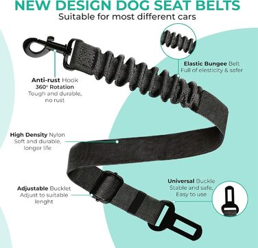 Ремінь безпеки для собак у машину – набір 2 шт. з дорожнім мискою, еластичним гумовим реміннем, регульований, з поворотним механізмом 360° та функцією захисту від ударів для безпечної поїздки