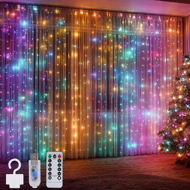 Ланцюжок LED-ліхтарів LuJasi для декору приміщень 3x3м, 300 LED, з пультом, 10 гачків, USB, для вікна, стіни, кімнати, балкона, тепле світло, PVC (кольоровий/білий)