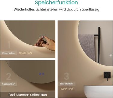 Круглий дзеркало для ванної кімнати EMKE з підсвіткою 80 см – дзеркало з 3 кольорами світла, регулюванням яскравості, сенсорним керуванням, функцією пам'яті, енергозберігаюче – дзеркало для ванної кімнати та настінне дзеркало (50x50 см)