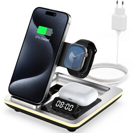 Багатофункціональна зарядна станція Hatalkin 5 в 1 для iPhone, Apple Watch та AirPods Pro. З функцією будильника та нічника, срібна
