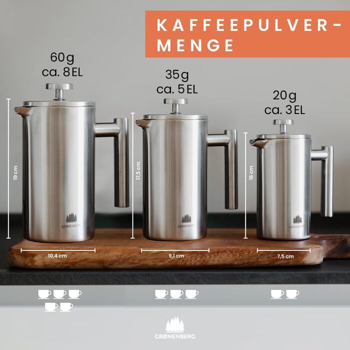 French Press | High-Quality French Press Thermos with Keep-Warm Function | Coffee Maker Available in Various Sizes from 300ml to 1 Liter