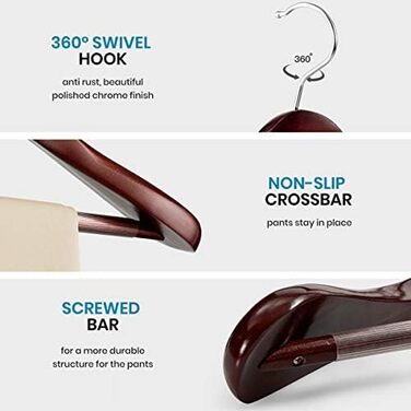 Набір дерев'яних вішалок преміум-класу 6 шт. – широкі плечі, 360° обертання | З перемичкою для штанів, пальто, курток та суконь | Гладка поверхня (натуральне дерево, вишня)