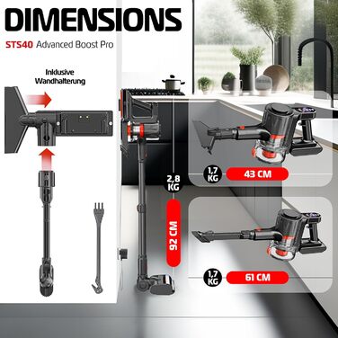 Бездротовий акумуляторний пилосос KESSER® з LED дисплеєм, до 60 хв роботи, тихий, без мішка, з антинамотувальною щіткою, HEPA фільтр, для твердих поверхонь та килимів, з аромадиском, чорний/червоний