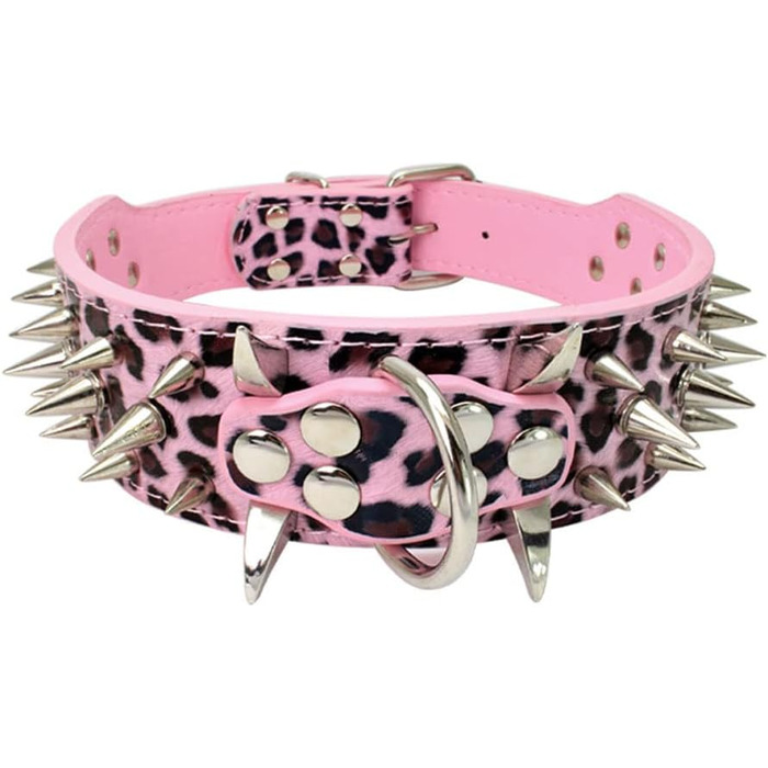 Шкіряний нашийник для собак середнього розміру з шипами, м'який, 5 см, проти кусання (M, SW-SW), M: 48-56 см, Pink Leopard-Silver