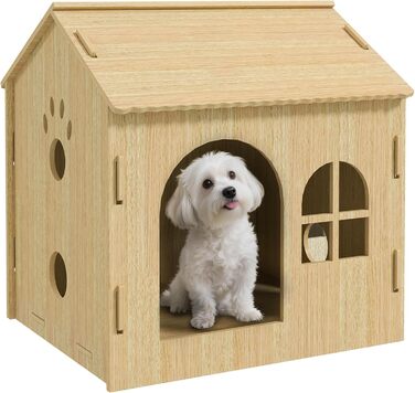 PawHut Indoor Pet House with Window - Wooden Dog & Cat Bed, No-Screw Assembly, Small Pets Up to 4kg, Oak Finish