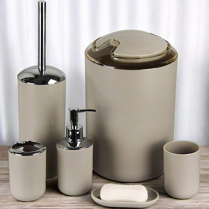 Набір аксесуарів для ванної кімнати 6tlg Badset: мильниця, стакан для зубних щіток, контейнер для косметики, щітка для унітазу з тримачем, мильниця, сміттєвий бак, тримач для зубних щіток, повна ванна кімната (бежевий дизайн 3)