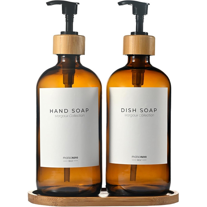 Набір дозаторів для мила та рідкого миючого засобу MaisoNovo | 2 шт. скляні дозатори 500 мл з бамбуковою помпою | Білий колір