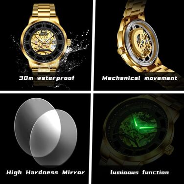 Чоловічий годинник OLEVS Tourbillon автоматичний механічний, люксовий класичний годинник зі сталевим ремінцем, водонепроникний, підсвічування (Золотий ремінець, чорний циферблат)