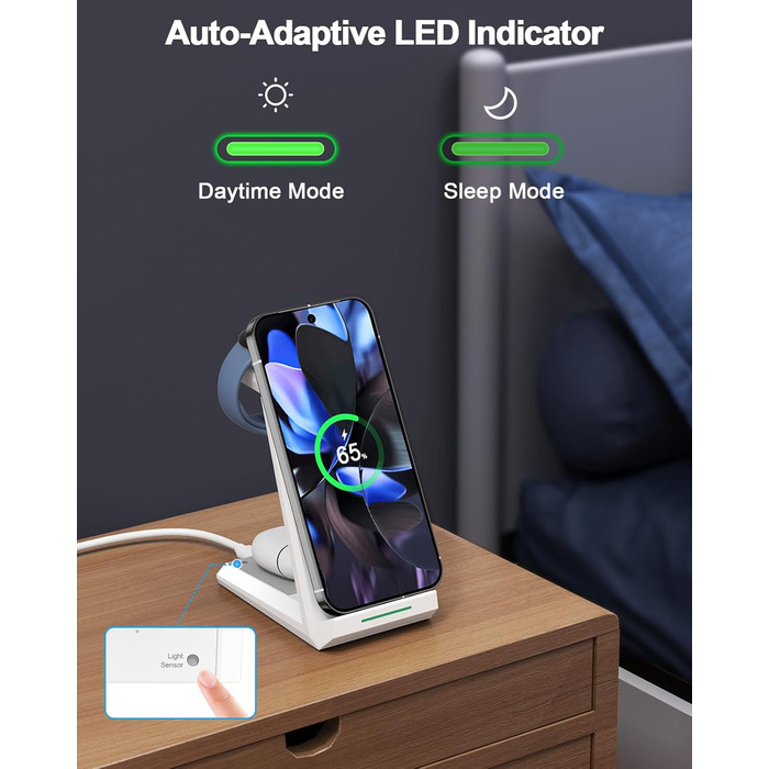 Бездротова зарядка NANAMI 3-в-1 для Google Pixel Watch 3/2, Fitbit Versa 4/3, Pixel 10 Pro/10/9/9a/8/7, Pixel Buds Pro 2 (Класичний Білий)