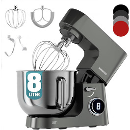 Кухонна машина Heinrichs 2500W з двома гаками для тіста, міксером та вінчиком, 8 швидкостей, чаша 7л з нержавіючої сталі, тиха, з титановим покриттям