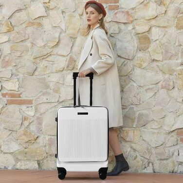 Валіза ручної поклажі 20 дюймів з відділенням для ноутбука, легка валіза з жорстким корпусом та TSA-замком, кабінний багаж на спінених колесах, USB-зарядний пристрій та тримач для напоїв (білий)