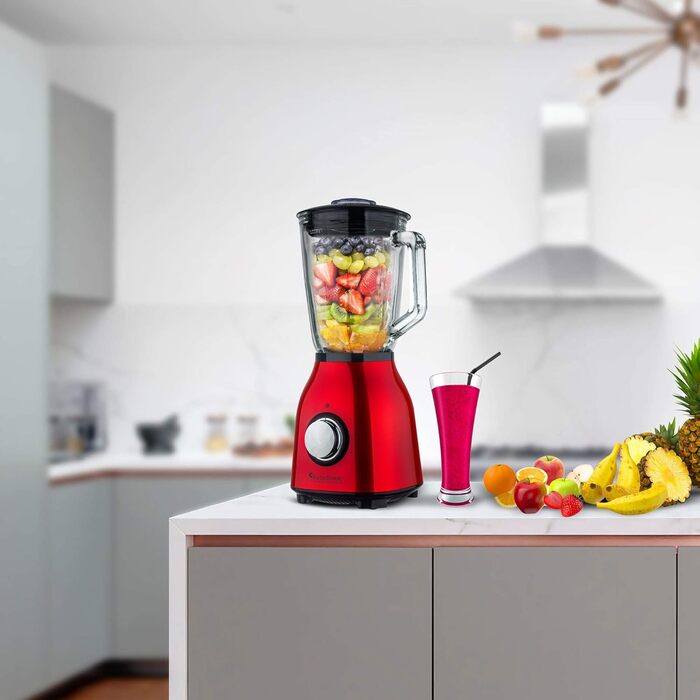 Стійкий міксер 1400 Вт з скляною чашею 1,5 л, BPA-free, 6 лез з нержавіючої сталі, для приготування смузі, блендер, подрібнювач льоду (червоний)
