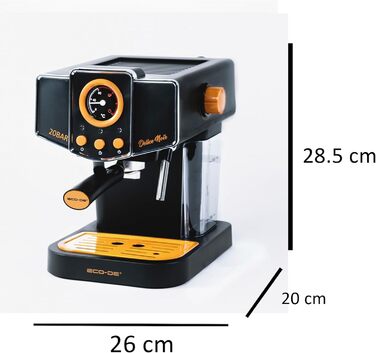 ECODE® Espresso Machine Delice Black, 20 Bar Pressure, Swivel Vaporizer - Machine with 1.5 L Tank, Milk Frother, Single/Double Dosing, Manometer with Temperature - Coffee Machine