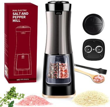 Nauotk 2-in-1 Electric Salt and Pepper Grinder, Battery Powered, Adjustable Coarseness, Automatic Salt and Pepper Grinder with LED, Double Nozzle, One-Hand Operation, Spice Grinder for Kitchen (USB)