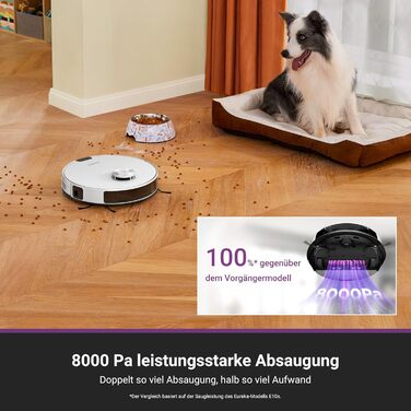 Робот-пилосос EUREKA E20 Plus з автопідняттям мопа та LiDAR-навігацією, 4000Pa, проти шерсті тварин, керування через додаток та голосовий помічник, білий