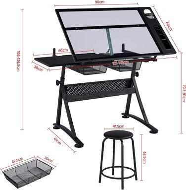 Yaheetech Adjustable Height Drafting Table Set with Tilt-Top, Storage & Stool - Drawing/Art Desk for Artists - Black