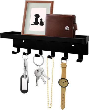 Настінна вішалка для ключів GTK з підносом та 6 гачками, чорна. Організатор для ключів та пошти