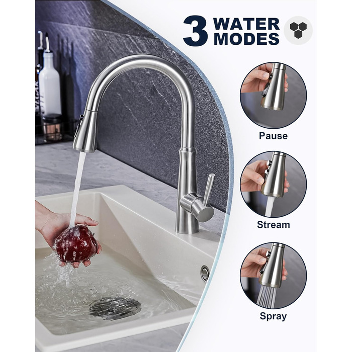 Змішувач кухонний iVIGA висувний з дозатором, водоспад, 360° поворот, 3 режими, щітене нікель