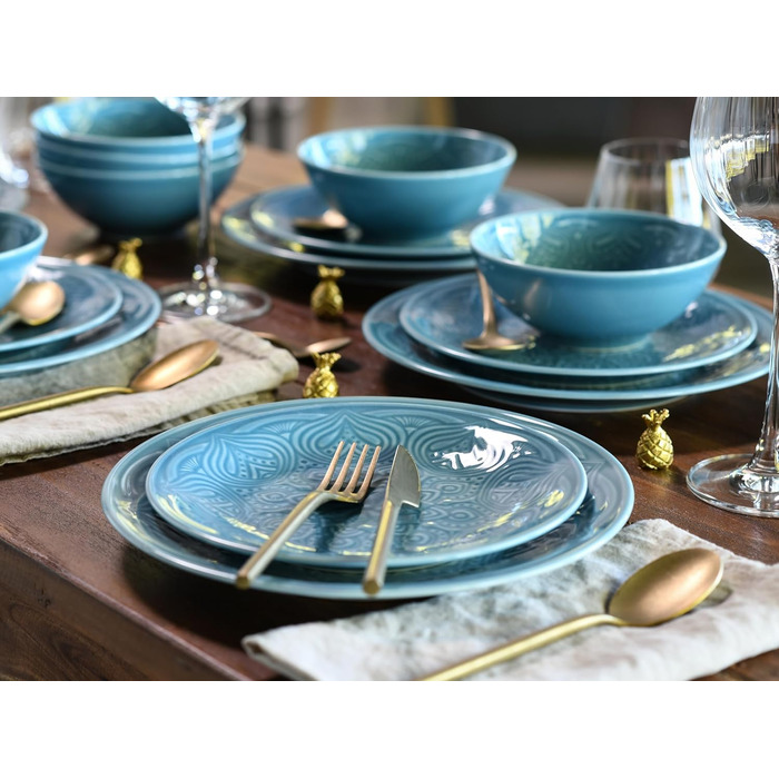 Набір посуду CreaTable Serie Orient Mandala 18 предметів, порцеляновий, аквамарин, для мікрохвильовки та посудомийної машини, зроблено в Європі