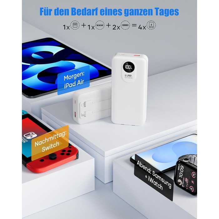 Power Bank 30000mAh з вбудованим кабелем: Швидка зарядка PD 22.5W, зовнішній акумулятор з великою ємністю, 4 виходи та 2 входи