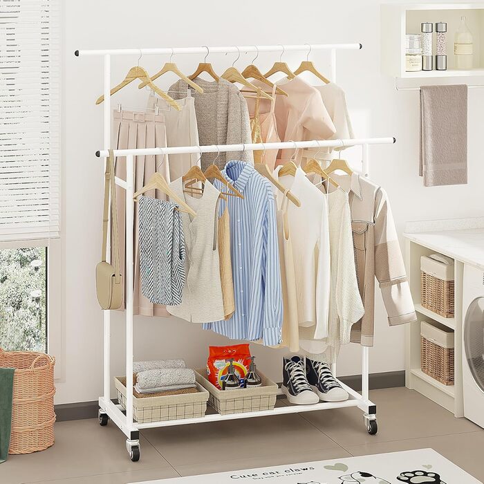 Підвісна штанга для одягу Calmootey з подвійною перекладиною, мобільна, для спальні, вітальні, магазину одягу, біла