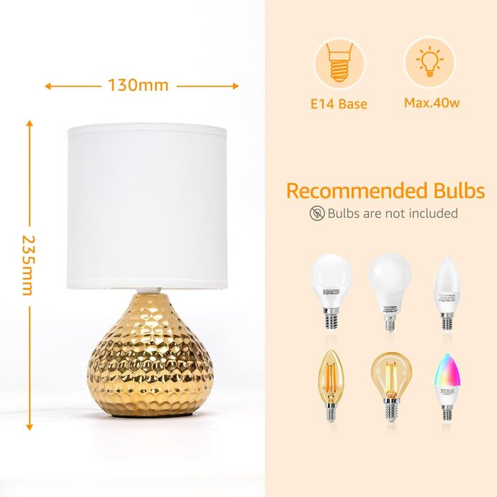 Лампа настільна Aigostar керамічна, вінтажна з абажуром з тканини, патрон E14, max.40W, сучасна, нічник для спальні, вітальні, офісу (без лампочки) - H235mm, золото - H23.5cm
