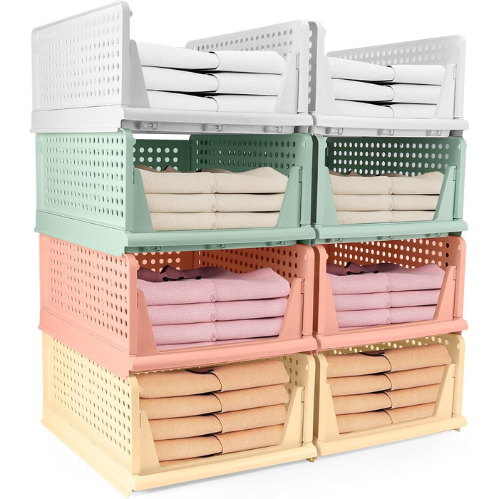 Diealles Stackable Drawer Boxes, 4 Pack Closet Organizer Pull Out, Plastic Drawer Insert Closet, Foldable Closet Drawers for Clothes Closet Pantry(White) (8 Pack Color)