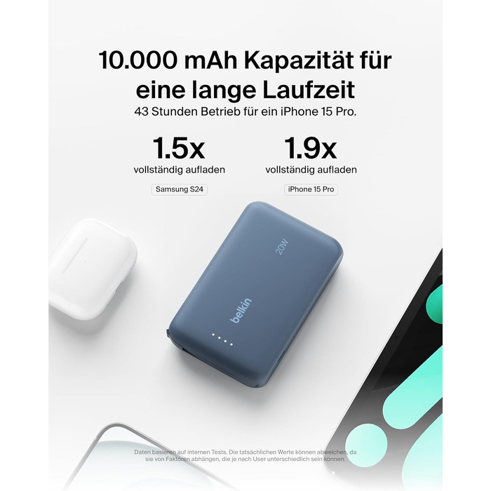 Повербанк Belkin BoostCharge 10000mAh з вбудованим кабелем USB-C, 20W, LED-індикатором, синій