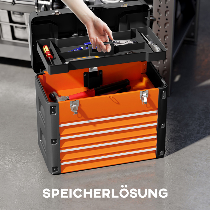 HOMCOM Empty Tool Box, 49.7 x 25.3 x 40.7 cm Tool Chest with 4 Drawers, Mini-Box, Top Storage Compartment, Handle, Steel Tool Case, Orange | Aosom