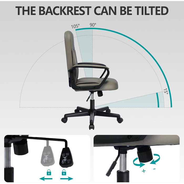 Офісне крісло MIXASTEP з PU-шкірою, регульована висота, поворотне, з підлокітниками, 360° коліщатка, для роботи, навчання, геймінгу (колір шампань)