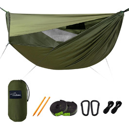 Гамак для кемпінгу з москітною сіткою та відтяжкою, великий на 2 особи, 290 x 140 см, легкий, для відпочинку на природі, походів, подорожей та рюкзаків, армійний колір 01-armeegrün (02-armee)
