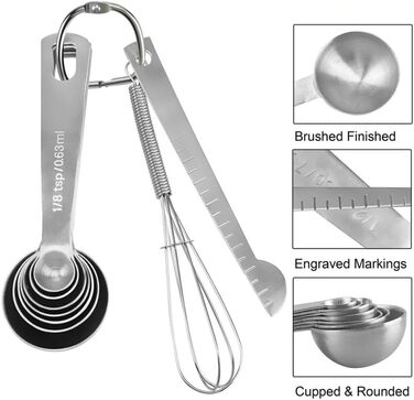 9-Piece Measuring Spoon Set, Stainless Steel Nesting Measuring Spoons with Long Handle, Measuring Teaspoons, Metal Measuring Cups