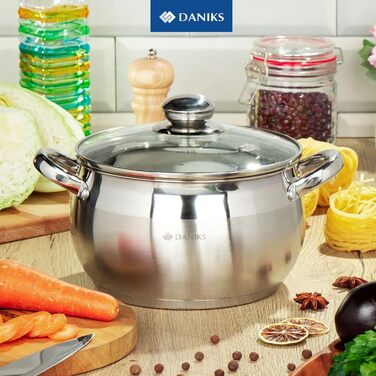 Набір каструль Daniks Classic 12 предметів з нержавіючої сталі для індукції з кришками: 16/18/20/24 см, сотейник, сковорода 24 см, каструля для макаронів і супу, сріблястий