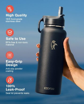 Термофляга Coolflask 1180 мл з трубою та 3 кришками, вакуумна металева пляшка для води для спорту та офісу, чорна