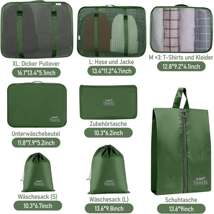 Органайзер для валізи, набір 10 шт. (зелений) - аксесуари для подорожей, кофри, косметичка