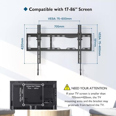 Кріплення для телевізора BONTEC настінне нахилене, 17-86 дюймів, LED/LCD/OLED/Plasma, до 75 кг, VESA 600x400 мм, з рівнем та кабелеутримувачами