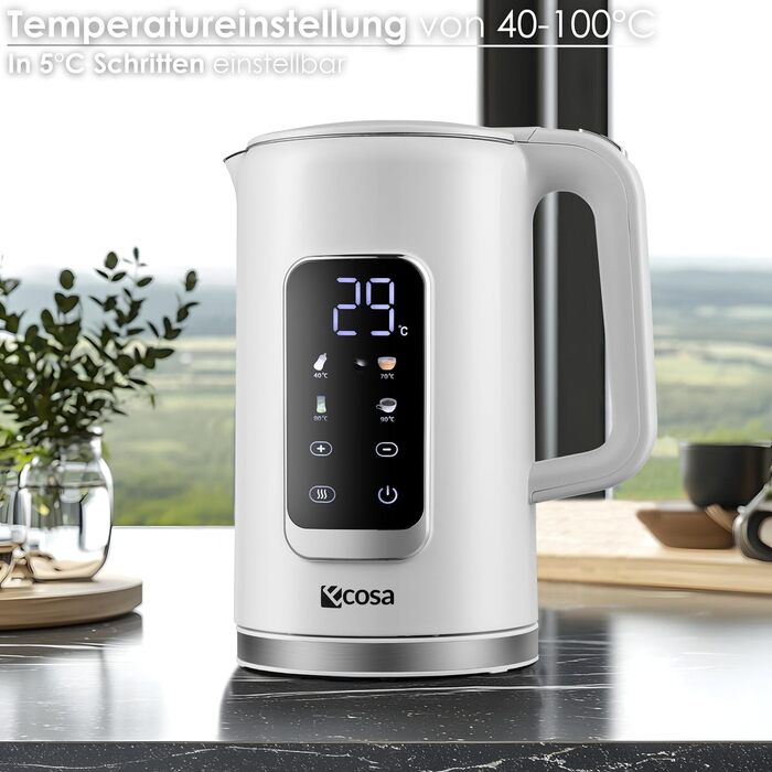 Електричний чайник-заварник зі сталлю, регулювання температури 40-100°C, 1,7 л, 2200 Вт, з підігрівом, LED дисплеєм, без BPA, білий Wanda