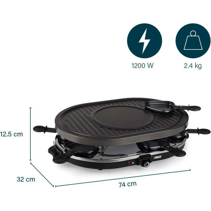 Електричний гриль Princess Raclette 8 панелей, овальний, 1200 Вт, багатофункціональна пластина з секцією для млинців, 42x30 см, чорний, нержавіюча сталь