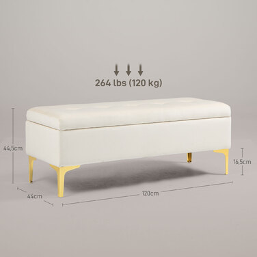 HOMCOM Storage Bench Upholstered Bench Velvet Look Metal Legs Bed Bench for Living Room Bedroom Hallway 120 x 44 x 44.5 cm Beige