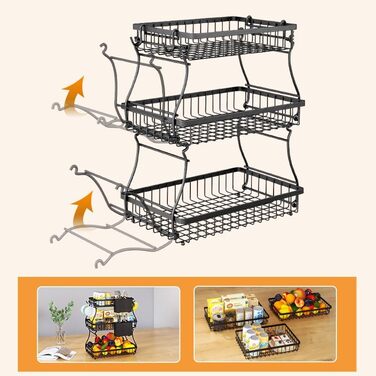 Настінна полиця для фруктів та овочів з кріпленнями, 3 яруси, чорна | Настінне зберігання для кухні