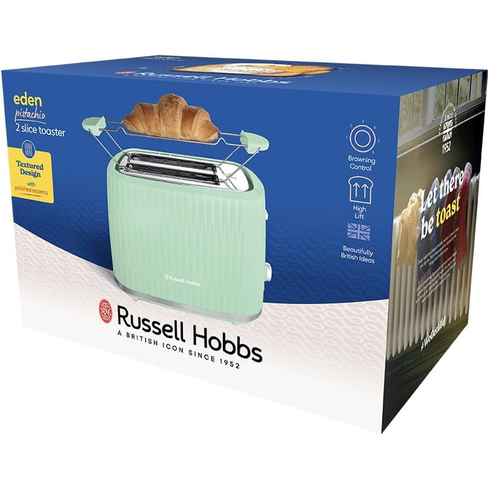 Тостер Russell Hobbs Eden з 6 рівнями підсмажування, підйомний механізм, функції розморожування, підігріву та зупинки, зйомний піддон для крихт, насадка для тостів, колір Pistazie (27374-56)