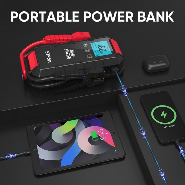 Портативний пусковий пристрій для автомобіля: 6000A, 12V, LED-ліхтарик, для бензинових та дизельних двигунів до 12.0L