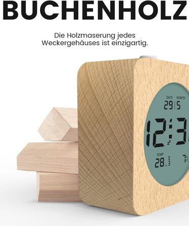 Цифровий настільний будильник aboveClock з дерев'яним корпусом, LCD-дисплей з температурою та датою, функція Snooze та підсвічуванням, квадратний